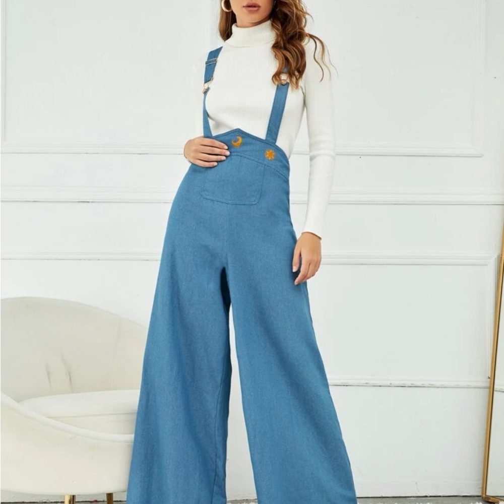 NWT Shein Blue Denim Celestial Overalls Size Medium Sun and Stars Wide Leg